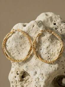 Textured Twist Design Hoop Earrings - Yellow Gold - View 5