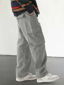 Manfinity EMRG Loose Fit Men's Cargo Pants With Flap And Side Pockets, For Fall - Light Grey - View 5
