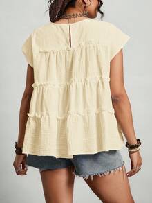 Freevana Plus Size Women Solid Color Frill Trim Blouse - Apricot - View 2