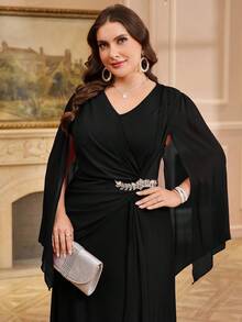 Reflora Plus Size Elegant Rhinestone Decor Split Sleeve Cinched Waist Dress, Autumn Wedding Formal Guest Black Fall - Black - View 6