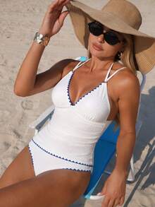 Swim Vcay New Women's Textured Fabric Tankini Swimwear With Black Decorative Lines And Ruched Waist Design, Vacation Spaghetti Strap Bikini - White - View 1
