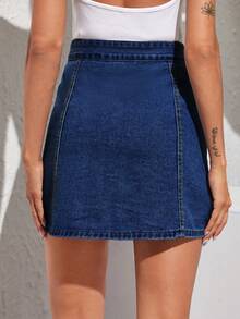 SHEIN PETITE Chân váy denim chữ A một hàng cúc dành cho nữ dáng nhỏ nhắn, thích hợp mặc mùa hè, hàng ngày, đi làm, đa năng. - Màu xanh lam - Xem 3