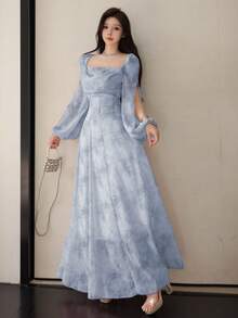 Modelyn 女士雪纺花卉垂褶领口收腰连衣裙，优雅假日连衣裙 - 淺藍色 - 查看 6