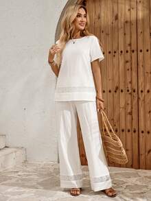 EMERY ROSE Women's Lace Patchwork Cotton Camisole And Pants 2 Pieces Set, Spring/Summer,Summer Outfits For Women - White - View 7