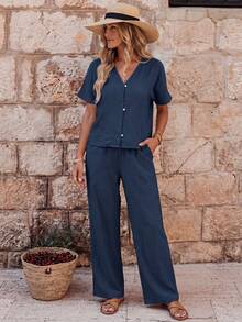 EMERY ROSE Damen Lässig Einfarbiges V-Ausschnitt Shirt & Hose 2-teiliges Set - marineblau - Übersicht 3