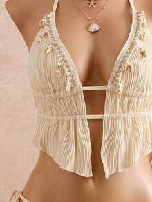 Swim SXY Conjunto de tankini de traje de baño de unicolor con diseño ondulado, adorno de estrella de mar y espalda descubierta con cordones en el cuello para mujer - Albaricoque - Ver 8