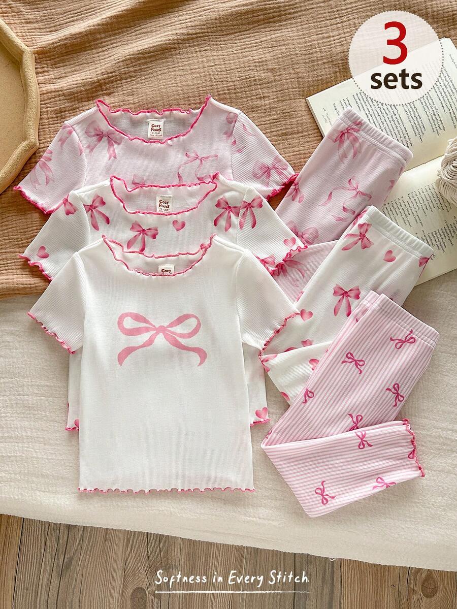 Cozy Pixies Bộ đồ mặc nhà 6 món màu hồng kẻ sọc dễ thương họa tiết trái tim và nơ cho bé gái, gồm áo thun và quần, thích hợp cho mùa hè. - Nhiều màu - Xem 1