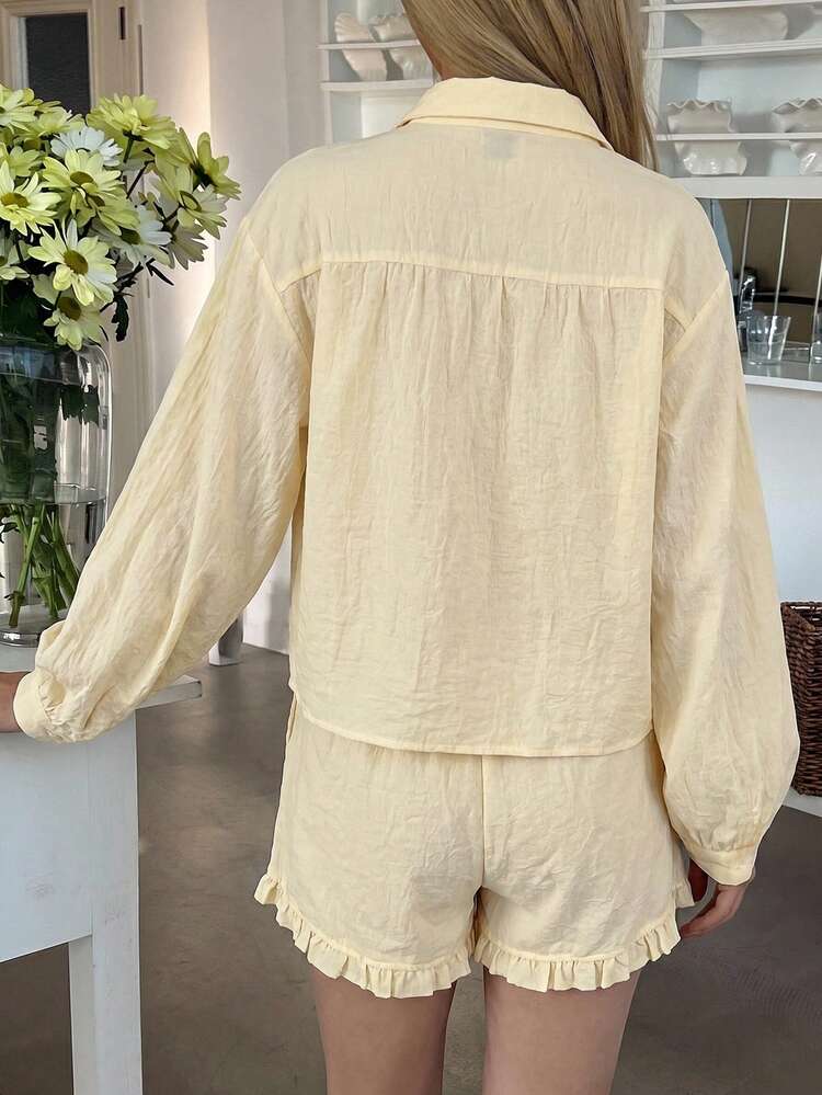 2pcs Lace Patchwork Loose Cardigan Long Sleeve Shirt And Shorts Pajama Set For Women, Summer