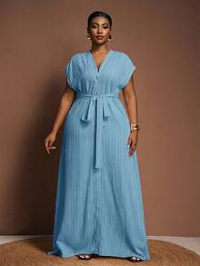 Veslaya Plus Size Women's Summer Versatile Casual All-Match Beach Elegant Ruffle Tie Front Short Sleeve Dress - Baby Blue - View 3