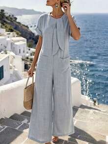 Louniche Bộ jumpsuit dài thoải mái dành cho nữ, chất liệu giả denim, cổ tròn, thắt dây, có túi, thích hợp cho kỳ nghỉ hè/mùa xuân. - Màu xanh lam - Xem 7