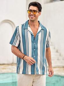 Mercer Haus Men's Casual Striped Short Sleeve Shirt, Fashionable & Versatile, Collared, Full Front Button Design, Suitable For Business, Work, And Leisure Wear - Blue - View 5