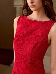 MOTF PREMIUM ELEGANT EMBROIDERED LACE MIDI DRESS FOR WOMEN - Red - View 2