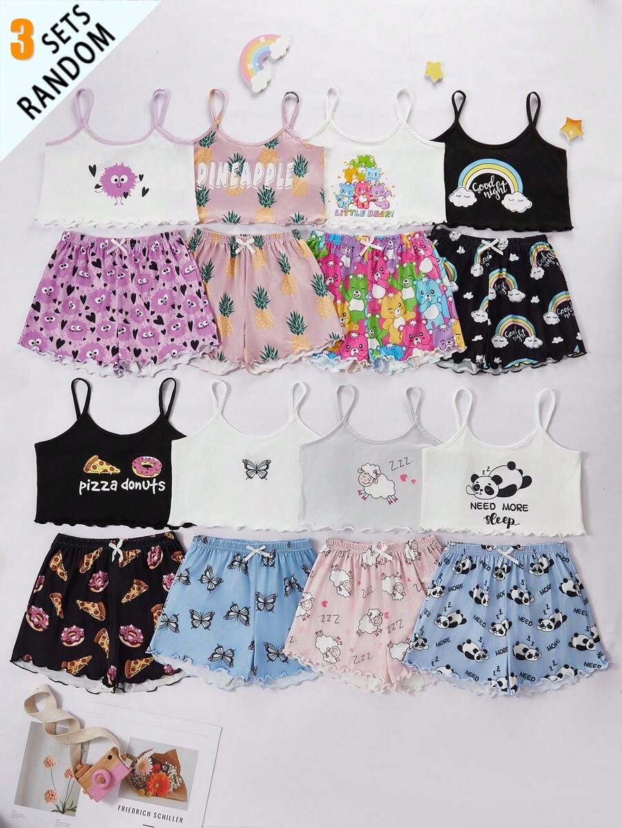 SHEIN Genkimix Kids 隨機發貨 3/8 套青少年女孩夏季粉色與白色可愛睡衣,動物水果背心與短褲針織無袖睡衣套裝 - 彩色 - 查看 1