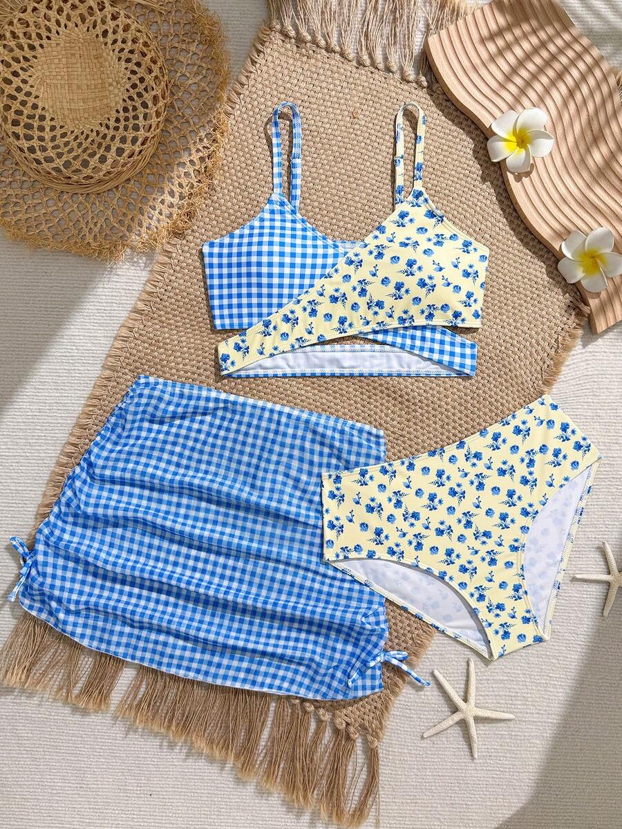 SHEIN Bộ bikini in họa tiết hình bánh donut dễ thương dành cho bé gái tuổi teen, gồm 3 món và váy lưới, thích hợp cho bãi biển, hồ bơi, mùa hè và kỳ nghỉ. - Nhiều màu - Xem 1