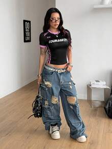 Coolane 女款黑粉色夏季街頭風城市度假酷感籃球球衣設計字母印花圖案 Y2K 休閒 Club Cowgirl 短版 T-shirt - 黑色 - 查看 6