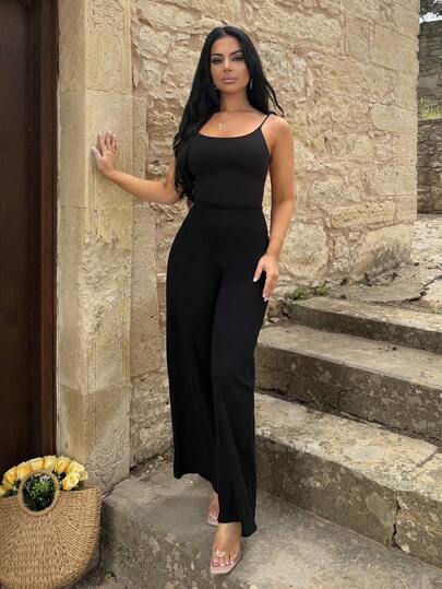 Vassilux Mono negro sin espalda con tirantes, mono sexy de pierna ancha con tirantes de espagueti para mujeres, conjunto elegante para salir, citas, fiestas