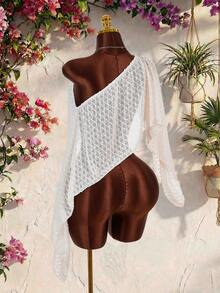 Amplova Women's Sheer Wrap Top, Versatile Asymmetrical Shoulder Design, Inspirational Swimsuit Cover-Up, Suitable For Summer Holiday Outfits - White - View 2