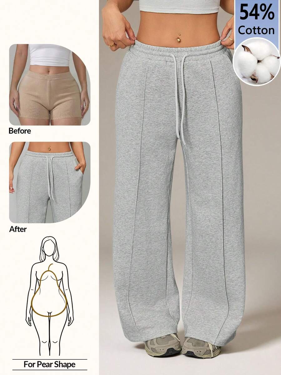 SHEIN PETITE Quần nỉ ống đứng nữ mùa thu với họa tiết đá cuội, chất liệu cotton pha thoải mái.
