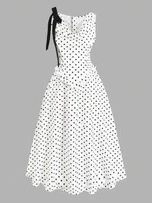 Vestido casual de uso diario cómodo para adolescentes con lunares y decoración de moño en contraste de color - Blanco - Ver 3