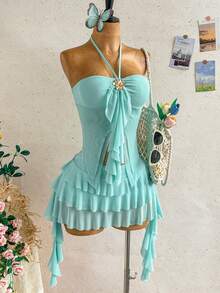 Soleia Ensemble 2 pièces femme avec Top à col ras-du-cou à volants et jupe évasée avec décoration florale en métal - Bleu ciel - Voir 6