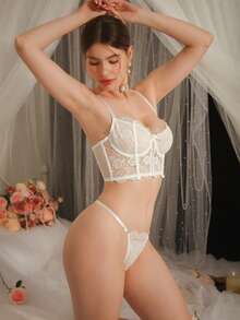 DelicateAllure 2 Peças/Conjunto Lingerie Romântica Branca de Estilo Longo para Mulheres, Conjunto de Sutiã e Calcinha - Branco - Visão 3