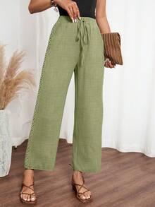 EMERY ROSE Women's Denim Effect Linen Floral Trim Side Pants - Olive Green - View 4