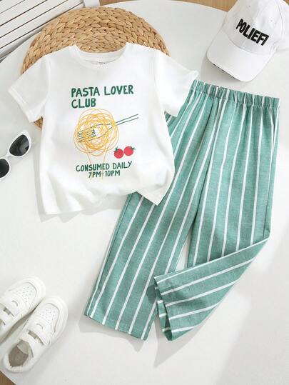 2pcs/Set Young Boys Cute Cartoon Food & Letter Print Round Neck Short Sleeve T-Shirt And Striped Cargo Pants, Casual Sports Outfit Suitable For Spring, Summer, Autumn, Vacation, School, Party, Fashion Versatile