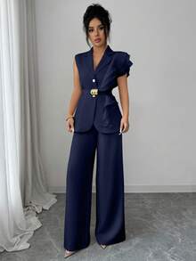 SHEIN Elenzya 女士优雅杏色奢华正式礼服套装，亮片欧根纱荷叶边领系腰西装套装，包括无袖外套和直筒裤，酒红色，适合万圣节、圣诞节、新年派对、毕业典礼、婚礼和其他场合。 - 藏蓝色 - 查看 4
