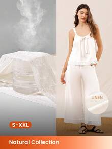 Summer Airy White Linen Reversible Lounge Set Lace-Trimmed Camisole & Wide-Leg Pants Lightweight Breathable Summer Wear - Beige - View 1