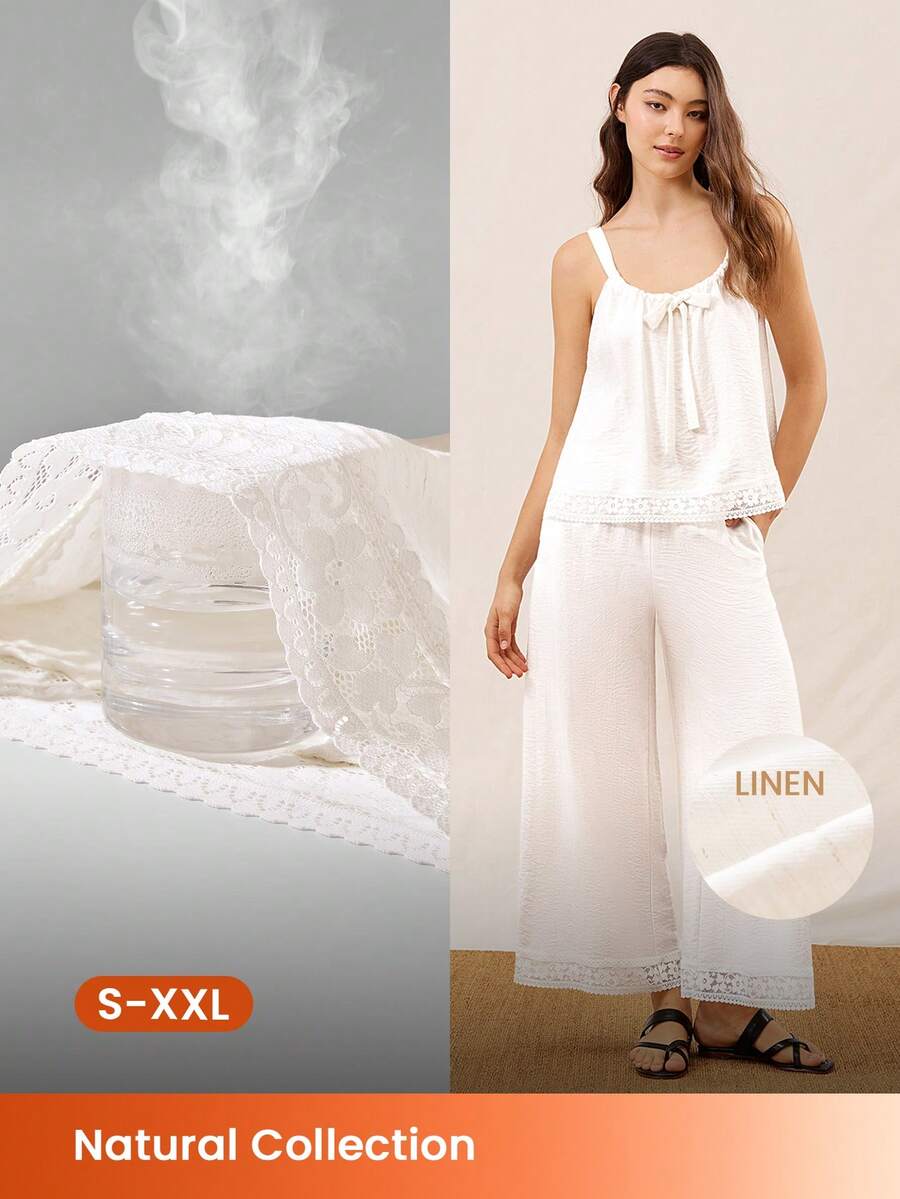 Summer Airy White Linen Reversible Lounge Set Lace-Trimmed Camisole & Wide-Leg Pants Lightweight Breathable Summer Wear - Beige - View 1