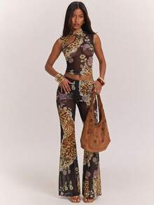 SHEIN BAE Solid Color & Floral Animal Print Elastic Mesh Sheer Sleeveless Slim Fit Top, Cute For Valentine's Day Party & Night Out, Spring/Summer,Summer - Brown - View 3