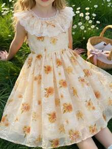 Vestito estivo da ragazza con stampa digitale a girasole + ricamo 3D a viticcio, con bordo in pizzo al colletto, decorazione a fiocco, vita stretta, gonna a strati soffice, tessuto leggero e traspirante, adatto per uscite quotidiane, feste di compleanno, festival - Multicolore - Visualizzare 8