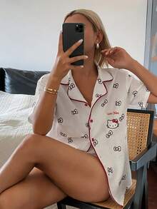 HELLO KITTY | DAZY Summer Polka Dot Bow Print Contrast Trim Lightweight Loose Women Short Sleeve Top And Shorts Pajama Set - White - View 3