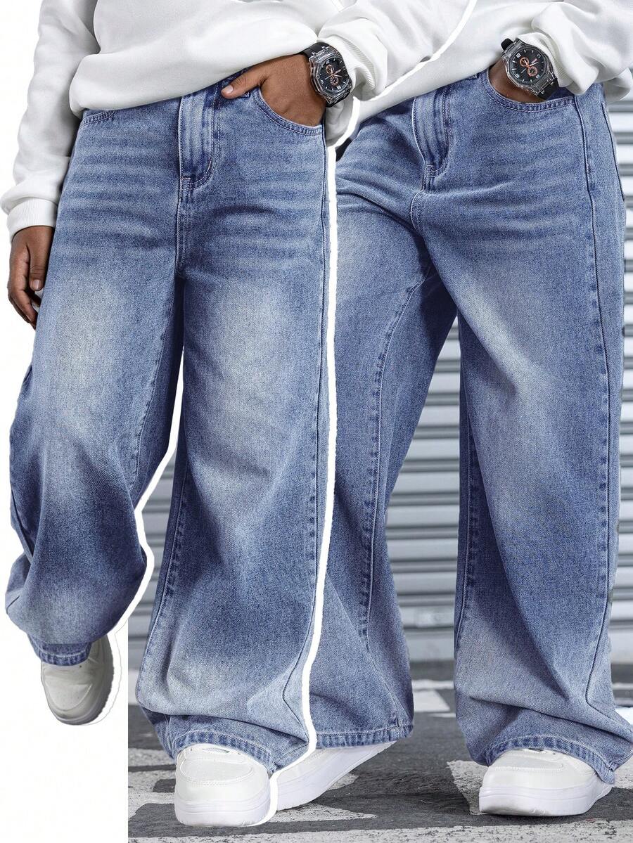 SHEIN Quần jeans ống đứng rộng màu xanh nhạt, phong cách vintage thường ngày cho bé trai, trang phục cá tính cho bé trai, trang phục Lễ Tạ ơn cho bé trai, chất liệu mềm mại, thích hợp mặc hàng ngày và trang phục mùa thu/đông cho bé trai. - Màu xanh lam - Xem 1