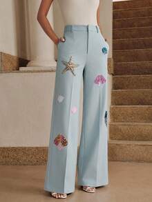 Refreshing Summer Beach Style High-End Beaded & Sequin Ocean Creature Embellished Wide Leg Blue Pants - Blue - View 5