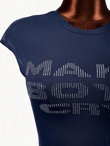 Mistrie Rhinestone Decor Round Neck Fitted Summer Fashionable Short Sleeve T-Shirt - Navy Blue - View 5