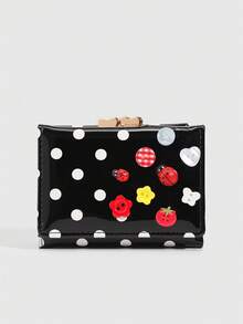 ROMWE Kawaii 1 Buah Dompet Pendek Modis Dopamin Lucu dengan Motif Polkadot & Kancing, Tempat Kartu Motif Kumbang Musim Semi dan Musim Panas, Dompet Lipat Tiga Elegan dengan Klip Logam, Dompet Pendek Kompak untuk Wanita, Hadiah Kembali ke Sekolah, Pengatur Kartu Harian Portabel - Hitam - View 1