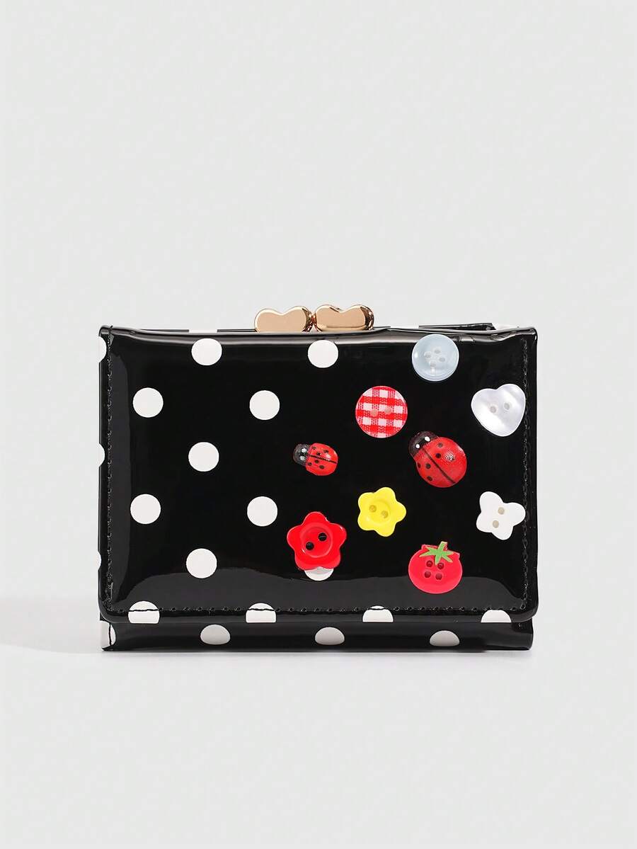ROMWE Kawaii 1 Buah Dompet Pendek Modis Dopamin Lucu dengan Motif Polkadot & Kancing, Tempat Kartu Motif Kumbang Musim Semi dan Musim Panas, Dompet Lipat Tiga Elegan dengan Klip Logam, Dompet Pendek Kompak untuk Wanita, Hadiah Kembali ke Sekolah, Pengatur Kartu Harian Portabel - Hitam - View 1