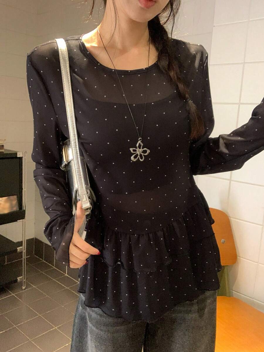DAZY 女士休闲波点印花荷叶边下摆长袖T恤,春季 - 黑色 - 查看 1
