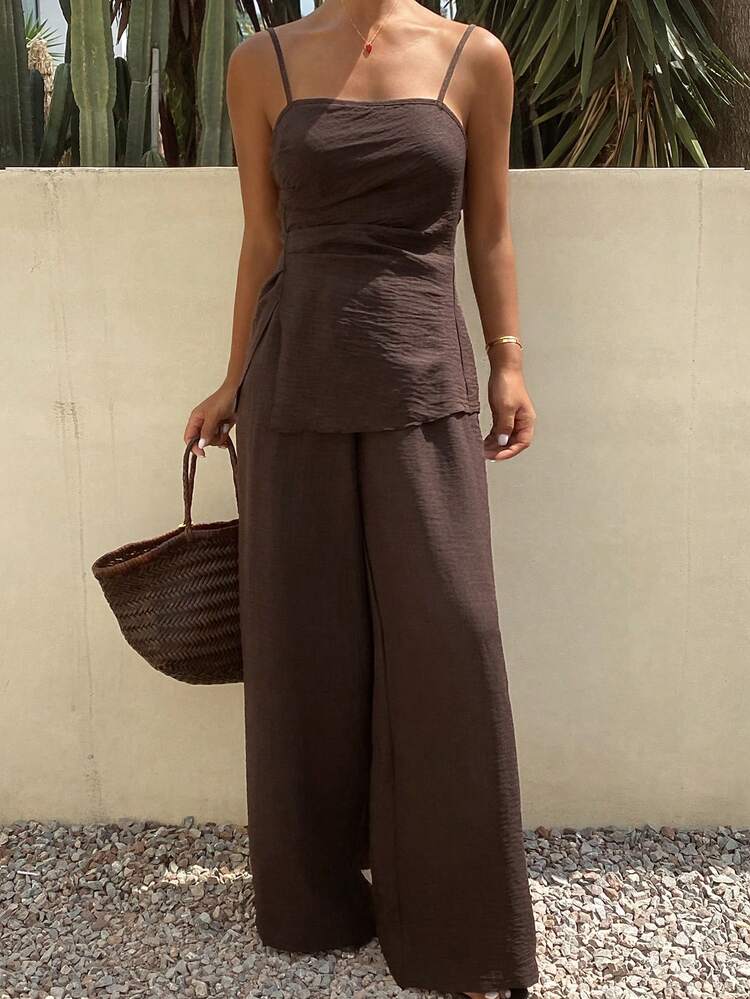 Women's Solid Color Minimalist Daily Wear Camisole Top And Pants 2 Pieces Set