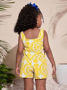 Pakaian Kasual untuk Gadis Muda: Atasan Pullover Tanpa Lengan Motif Retro dan Celana Pendek Lurus - Kuning - View 2