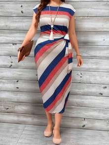 EMERY ROSE Đầm maxi nữ cỡ lớn in sọc, tay ngắn, kiểu xoắn phía trước, phong cách thường ngày. - Nhiều màu - Xem 4