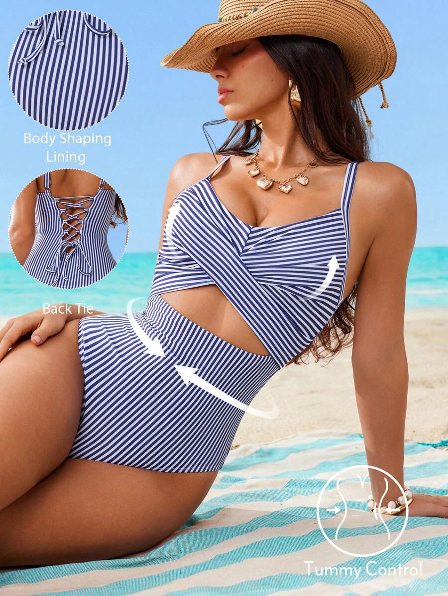 Shapewave Áo tắm liền thân nữ mùa hè đi biển kẻ sọc, dây buộc chéo phía sau, dây mảnh. - Màu xanh lam - Xem 1