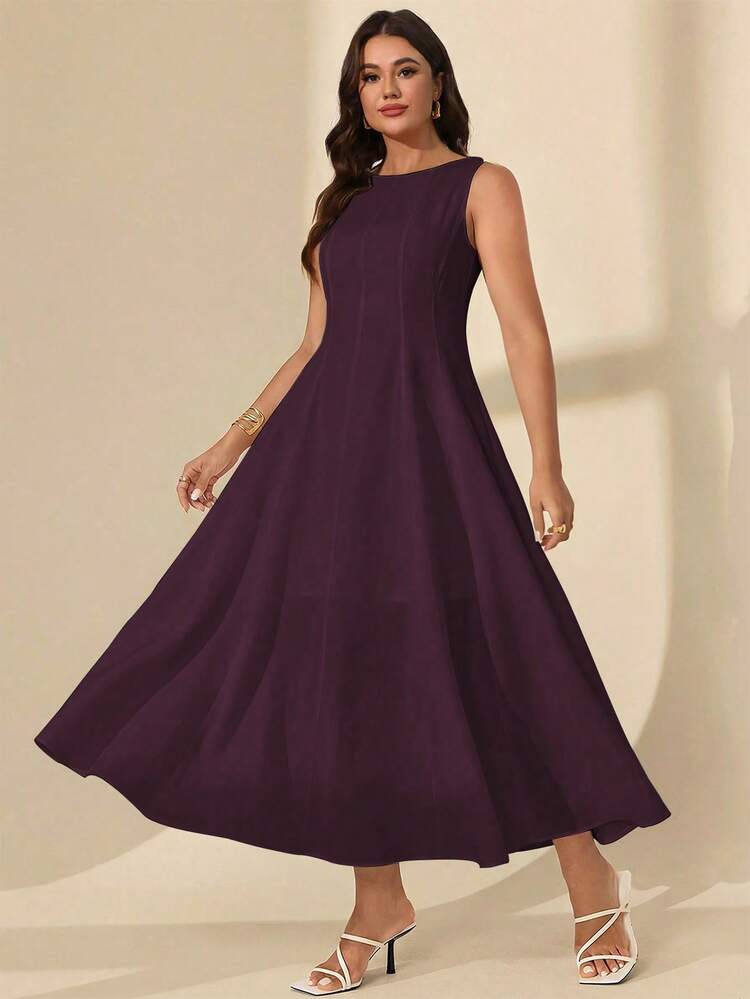 Roveilla Plus Size Women's French Style Casual Elegant Round Neck Sleeveless Dress Formal Wedding Dark Purple Summer