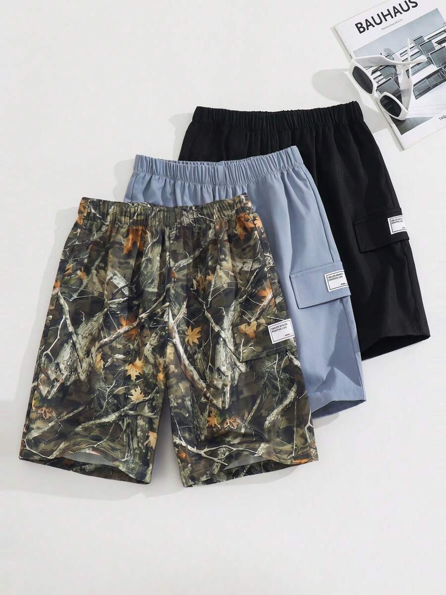 SHEIN 3件套青少年男童宽松休闲网纱休闲简约基础百搭纯色运动工作短裤套装，多色可选，买一送二，买三送一，适合春夏季节。 - 彩色 - 查看 1