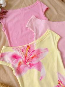 3pcs/Set Girls Vacation Tight Off-Shoulder Multicolor T-Shirts,Squishy,Cotton,,Tween Girl Clothes,Summer Clothes,Vacation ,Summer Outfits,Girls Outfits,Flowers,Vacation - Pink - View 5