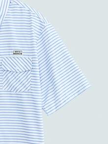 Men's Striped Single-Breasted Casual Versatile Daily Wear Short Sleeve Shirt - Blue and White - View 3