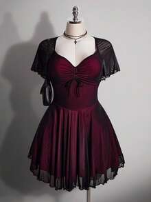 SHEIN ICON Plus Size Women's Retro Dark Gothic Sweetheart Neckline Mesh Slim Fit Dress,Black,Summer,Goth,Night Out Club Red And Black Color Block Y2K Elegant - Multicolor - View 1
