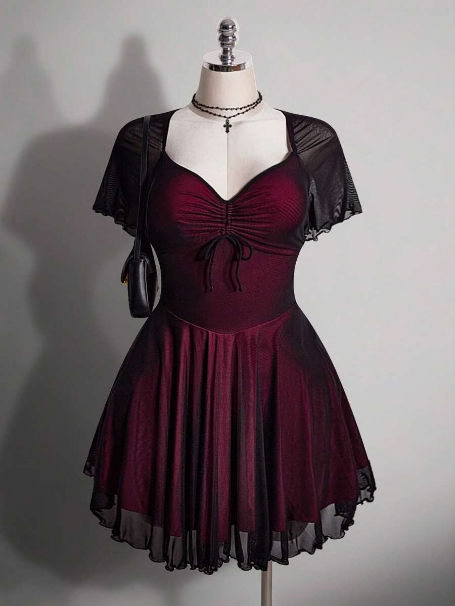 SHEIN ICON Plus Size Women's Retro Dark Gothic Sweetheart Neckline Mesh Slim Fit Dress,Black,Summer,Goth,Night Out Club Red And Black Color Block Y2K Elegant - Multicolor - View 1