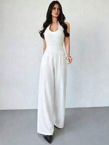 Firerie Women's Minimalist Casual Fashion Back To School High Waist Textured Wide Leg Pants - White - View 3